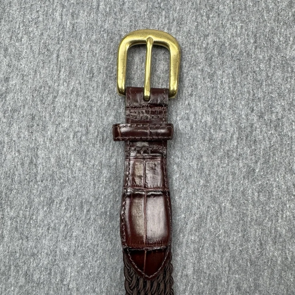 Brighton 33508 Belt Size‎ 38 Woven Stretch Brown Leather Croc Trim Brass Buckle